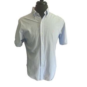 Medium Ralph Lauren Seersucker Button Down Short Sleeve Shirt Blue White